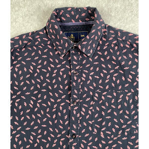 Rugby University Button Down Shirt Mens Small Feather Print Short Sleeve Cotton